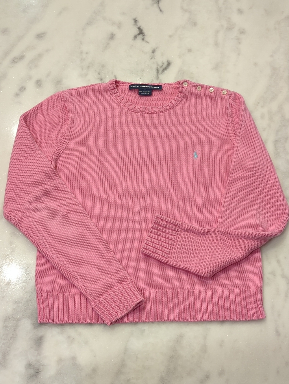 Ralph Lauren 100% Cotton Pink Knit Crew Neck Sweater button Shoulder Women S/M